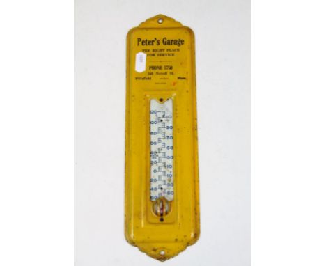Vintage Tinplate wall mounted Thermometer marked "Peter's Garage Pittsfield Mass.", lacks Mercury, measures approx 29.5 x 8.5