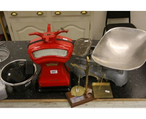 Pooley trade mark post office style set of scales together with one other set of scales, exterior lights etc 