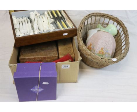 Quantity of mainly boxed silver plated flatware, a boxed Edinburgh crystal goblets and a wicker basket containing three glass