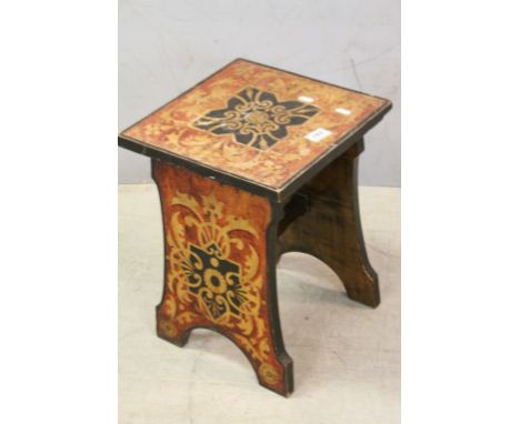 Ebonised Stool / Lamp Table with Indian Style Decoration, 33cms wide x 43cms high