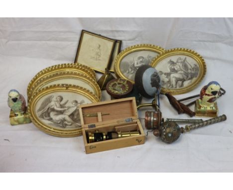 Box containing a quantity of antique oval prints in gilt frames, a box field microscope, fishing flies etc