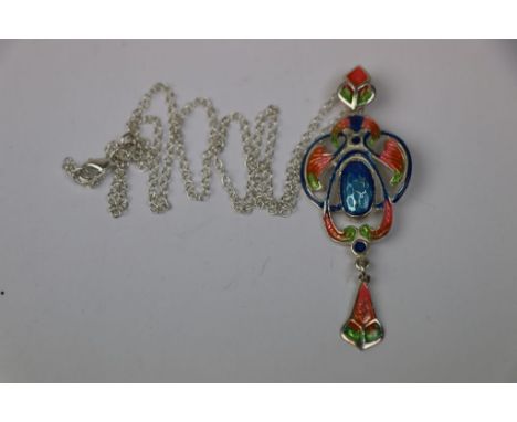 Silver and enamel Georg Jensen style pendant necklace on silver chain 