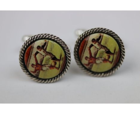 Pair of silver plated and enamel cufflinks depicting footballers 