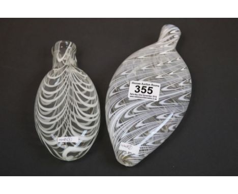 Nailsea type clear glass flask with white swirling decoration, approx. 21cms another with hopped decoration approx. 18cms and