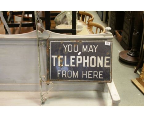Vintage cast iron double sided enamel sign 'You May Telephone From Here' with original bracket 