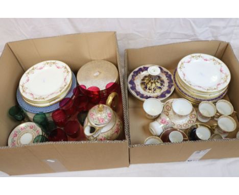 Quantity of ceramics and glassware together with a set of white metal coasters with lion and dragon motif, coffee cups, sauce