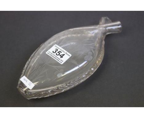 Clean glass double gimmel flask with etched floral decoration to each side with ribbed edge, approx.23cms 