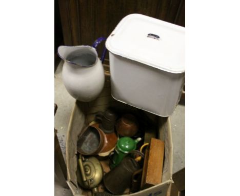 Large collection of Victorian and vintage kitchen ware to include copper enamel etc