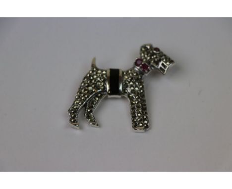 Silver Marcasite and onyx dog brooch with ruby collar 
