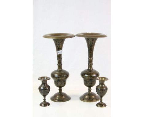 Two Large Enamel Inlaid Bronzed Vases of Eastern Design and Two Smaller