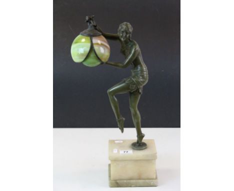 Art Deco Figural Lamp with patinated Spelter Dancing Female on an Alabaster base holding the Coloured Glass shade, stands app