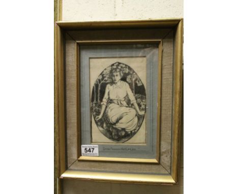 Framed and glazed pen and ink portrait of a lady seated in woodland 