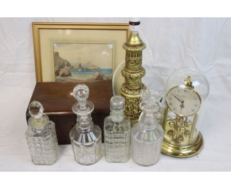 Four glass decanters, framed watercolour of a coastal scene an antique box, lamp etc 