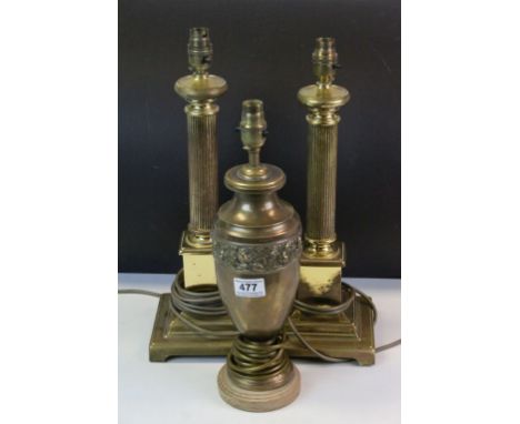 Pair of Brass Corinthian Column Table Lamps together with another Brass Table Lamp