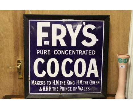 Vintage blue &amp; white Enamel sign marked "Fry's Pure Concentrated Cocoa" with later wooden frame, measures approx 65 x 65c