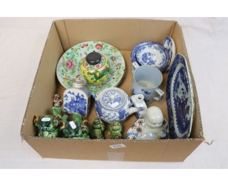 Box of mixed Oriental &amp; other vintage ceramics to include; Foo Dogs, Dishes, Butterfly Enamel decorated plates, Tea flask