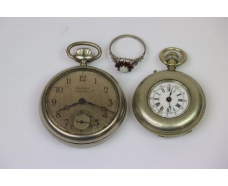 Two metal cased pocket watches and a white metal ring 