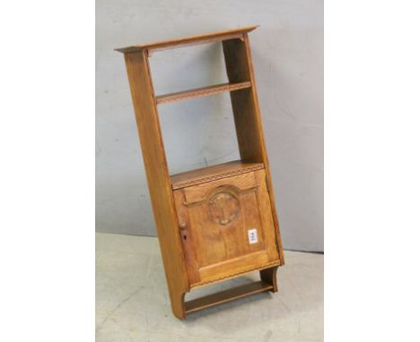 Arts and Crafts Style Inlaid Pale Oak Hanging Wall Shelf / Cupboard with Art Nouveau Style Motif to Door, 79cms high x 36cms 