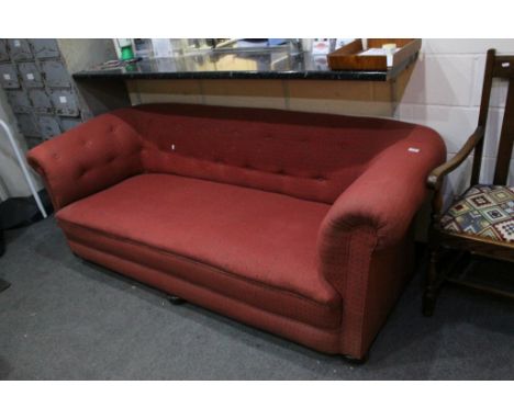Victorian Style Fabric Upholstered Chesterfield Sofa raised on wooden bun feet, 240cms long x 90cms deep x 72cms high