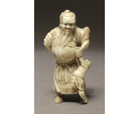 A Japanese netsuke from Meiji period circa 1850-1875. Signed Mumitsu on the back. In carved ivory portraying a standing 'Shok