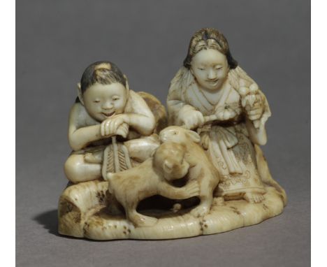 A Japanese netsuke from Meiji period circa 1960-1880. Signed Rioji on the base with a kakihan. In carved elephant ivory portr