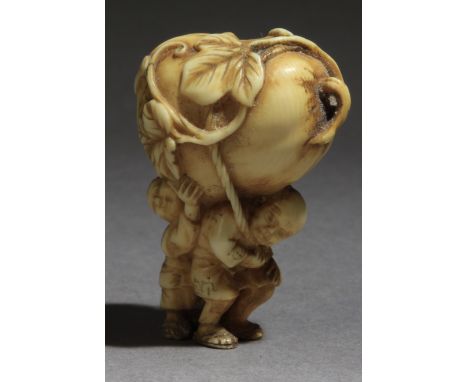 A mid 19th century Japanese netsuke from Edo period. Signed Tomochika with a kakihan on the back. In carved elephant tusk por