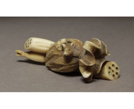 A mid 19th century Japanese netsuke from Edo period. Signed Masakazu on the base. In carved ivovry portraying a group of lotu