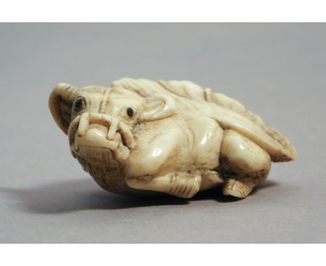 A 19th century Japanese netsuke from Edo period. Not signed. In carved elephant ivory portraying a recumbent ox, 20,2x49,6x31