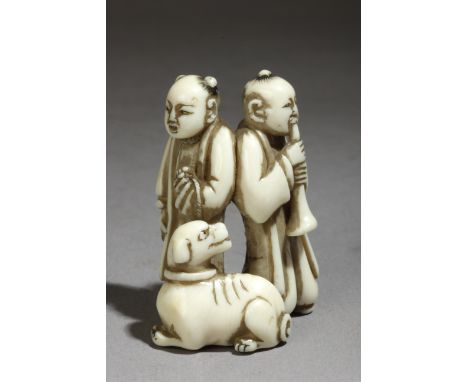 A 19th century Japanese netsuke from Edo period. Not signed. In carved elephant ivory portraying a karako, next to a characte