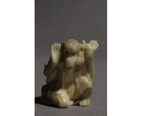 A late 19th century Japanese netsuke from Meiji period. Not signed. In carved ivory portraying a monkey sat on the floor, wit