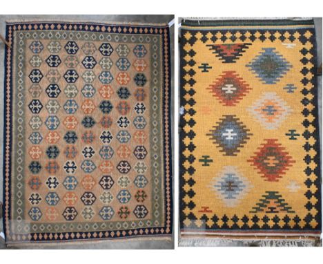 Vintage Kilim rug with repeating hexagonal motif, 145 x 111 cm, to/w another geometric design Kilim, 150 x 90 cm (2)