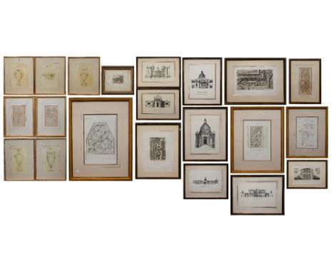 Nineteen various architectural and classical furnishing prints/engravings and an etching of a Tamworth pig (19) 