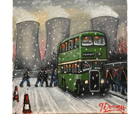 J Downie - Green bus outside a factory, oil on canvas, signed, 30 x 30 cm