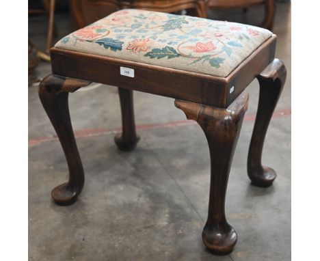 A 19th century mahogany framed dressing table stool with floral tapestry pad seat and cabriole legs, 56 cm w x 42 cm x 50 cm 