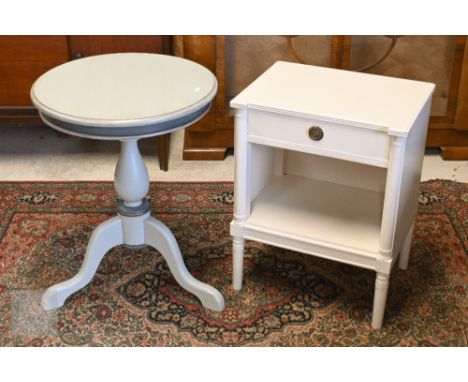 A French style cream painted bedside table with single drawer, 46 x 36 x 60 cm high to/w duck-egg blue painted tripod occasio