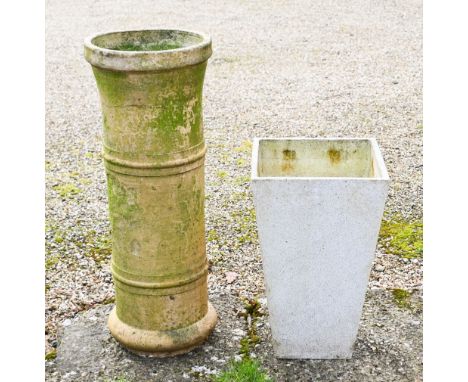An old tall weathered chimney pot, 77 cm h to/w a modern square tapering planter (2)