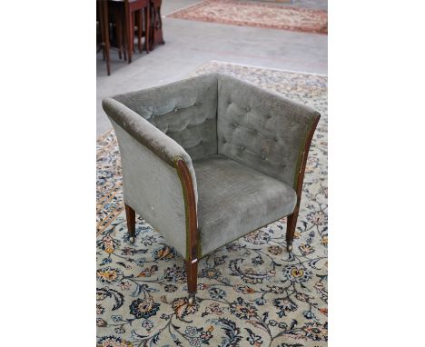Antique walnut framed square tub chair upholstered in green button back dralon fabric 