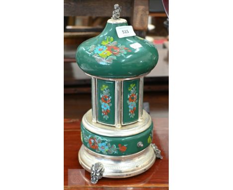A vintage Italian EP clockwork musical cigarette dispenser with floral painted enamel panels, 33 cm