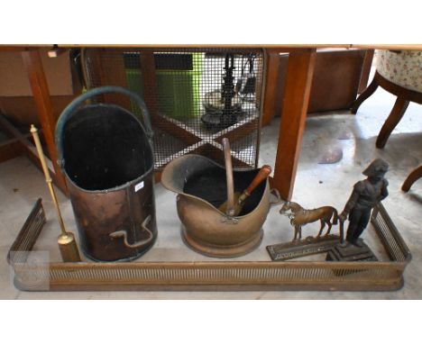 Victorian cast iron 'Napoleon' doorstop, to/w an antique copper coal bucket, brass scuttle, spark guard and fender, etc; lot 