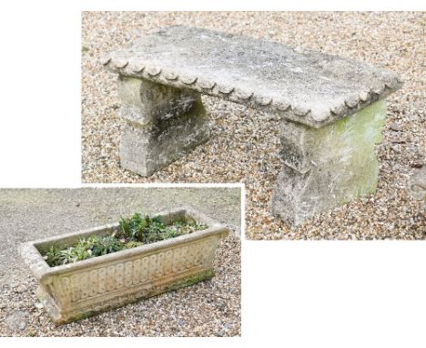 A weathered three piece cast stone garden bench seat to/w a cast stone planter trough (2) 