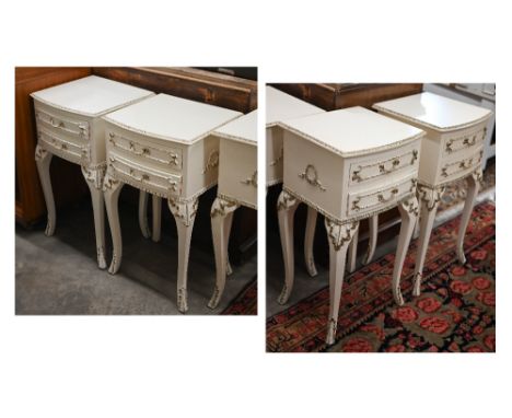 Two pairs of Vintage French style painted two drawer bedside tables in the Louis XV manner, 38 cm w x 35 cm d x 68 cm h (4)