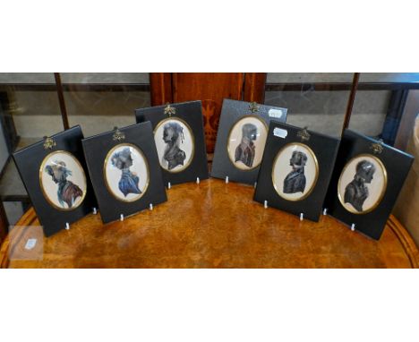 A set of six late 20th century watercolour portrait miniatures in the 19th century manner 