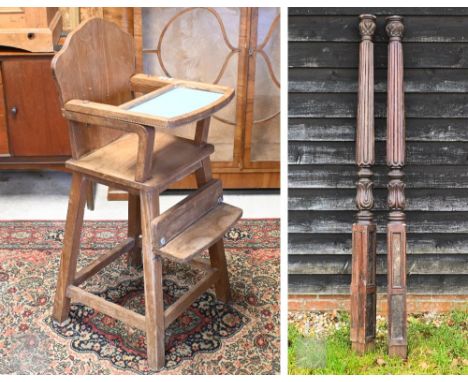 A pair of antique mahogany carved and reeded bedposts, 175 cm high to/w vintage child's high chair (3)