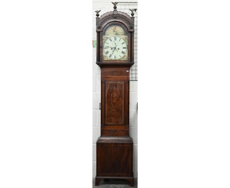 A 19th century Scottish mahogany longcase clock, the glazed hood surmounted by three brass ho-ho birds finials, landscape pai