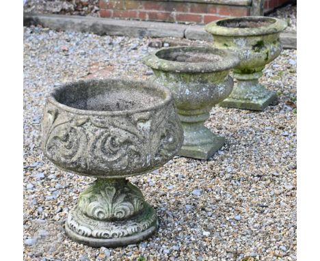 A pair of weathered cast stone tub planters to/w another ornate planter (3) 
