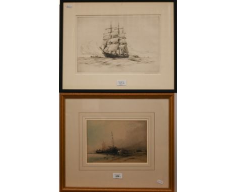 F Frantz (1876-1945) - Beached boats, watercolour, signed, 17 x 24 cm to/w C H Baskett (1872-1953) - The Dane, etching, signe