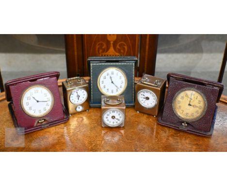 A trio of vintage leather cased travel clocks, 8-day Swiss movements to/with three miniature travel alarm clocks, some runnin