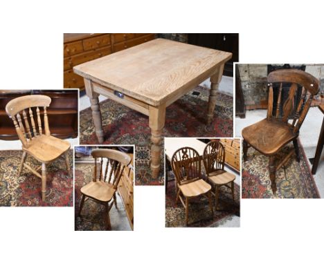 A vintage pine kitchen dining table with end drawer on turned supports, 106 x 80 x 72 cm to/w harlequin set of provincial cha