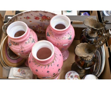 Three Victorian pink cased glass vases, painted with flowers and insects, 36 cm high to/w a Dresden cabinet tray with printed