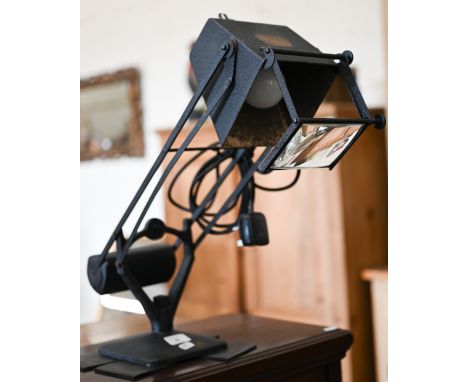 A 1950s Hadrill &amp; Horstmann Pluslite work lamp with magnifier and barrel-weighted counterbalance mechanism 